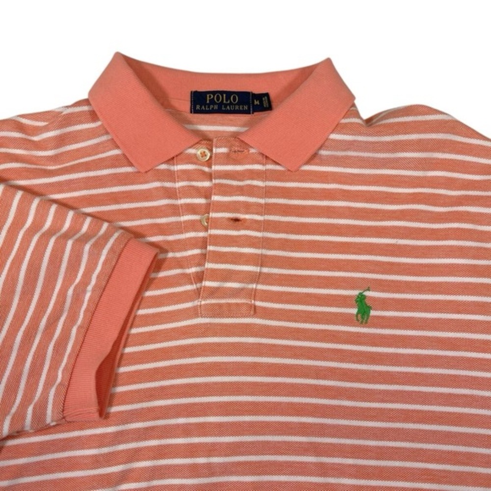 Polo Ralph Lauren M Peach Striped Short Sleeve Polo‎ Shirt Preppy Coastal Summer